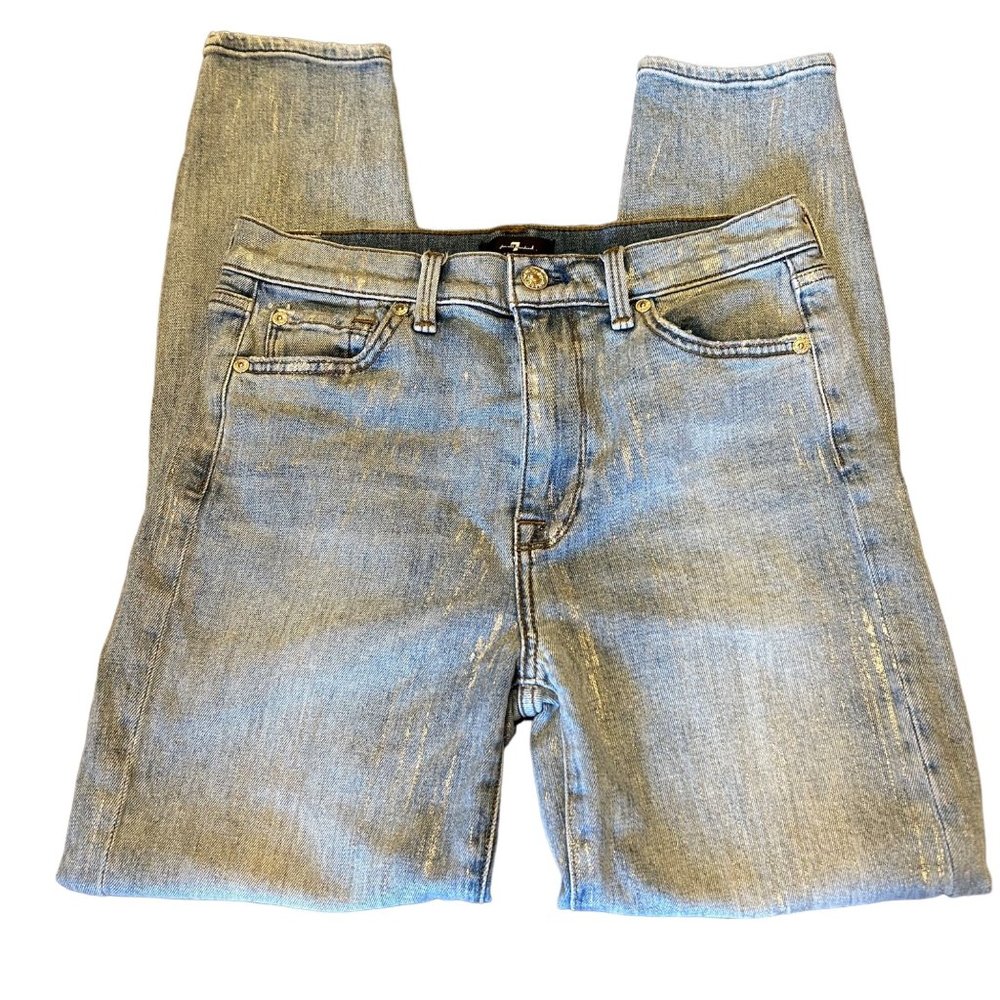 7 For All Mankind Silver Foiled High Waist Ankle Skinny Denim Jeans 27